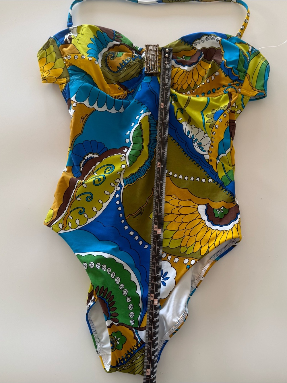 Trina Turk One Piece Swimsuit Womens M Bandeau Halter Paisley Bamboo Hardware - Picture 9 of 11